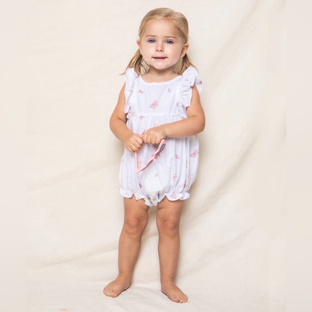 Petite Plume Baby Girl Twill Ruffle Bubble Romper Butterflies 12-18mo